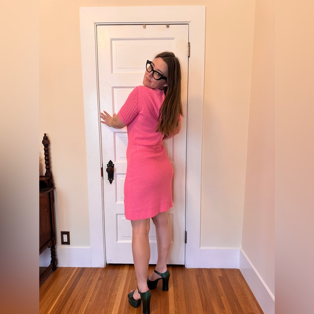 60s Vintage Barbie Pink bouclé Knit Wiggle Dress Sz M - Picture 3 of 9